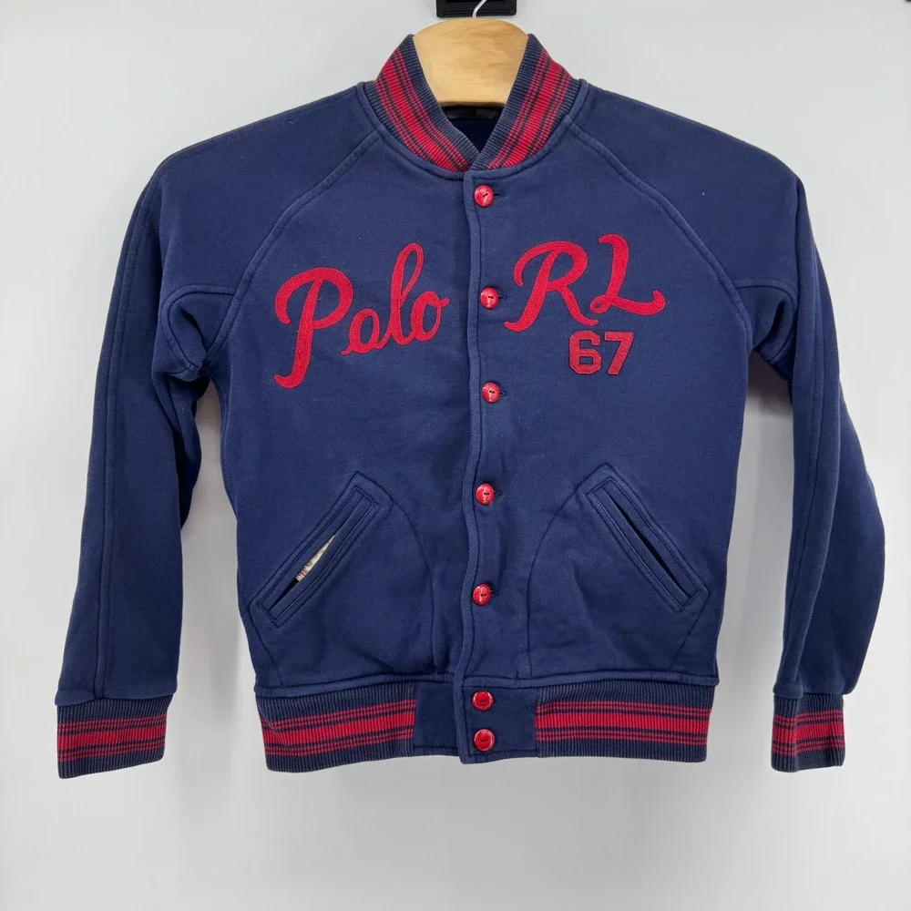 Polo Ralph Lauren Varsity Jacket Men M Navy Blue Red Embroidered Snap Sweatshirt